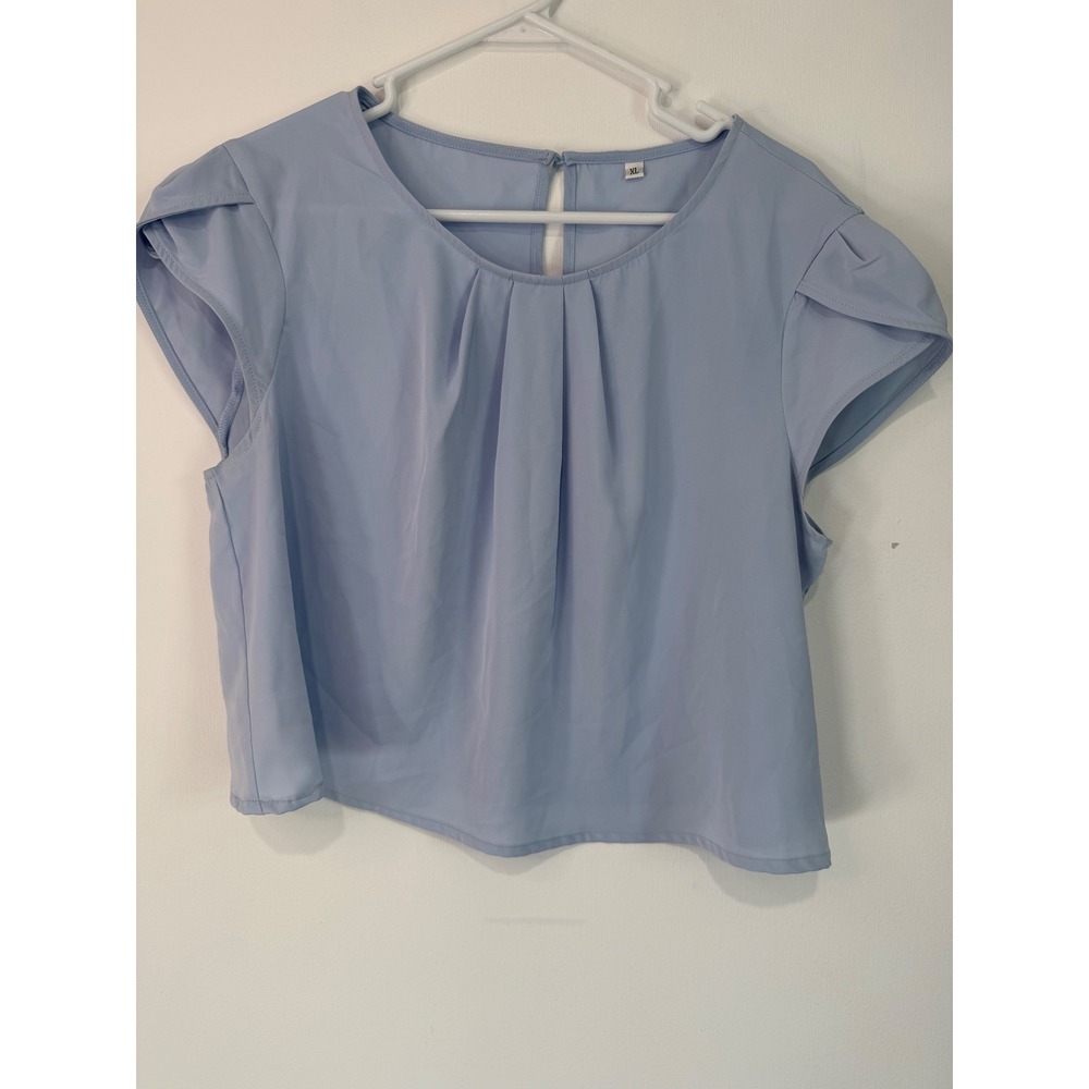 Light Blue Pleated Front Cap Sleeve Blouse XL Keyhole Back Minimalist Workwear